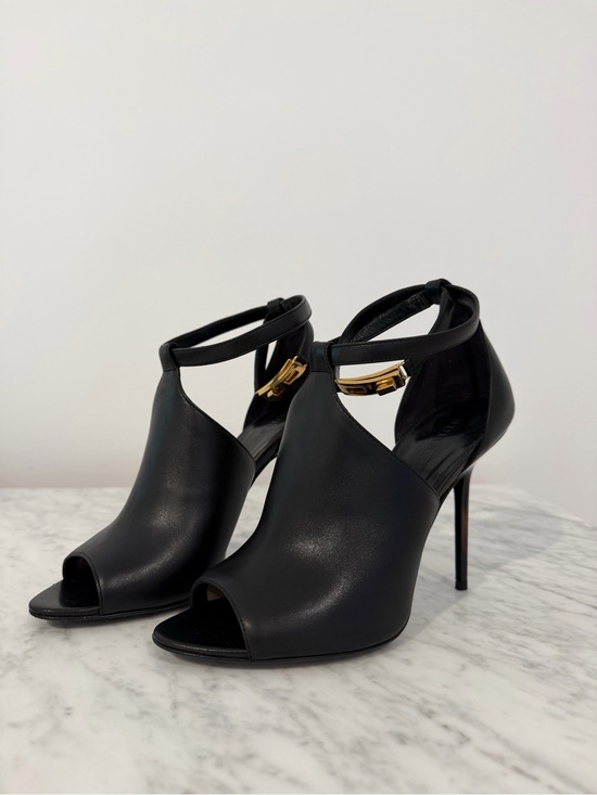 Burberry Shoes - Burberry Black Peep-Toe High Heel Ankle Strap Pumps with Gold Accent 100
